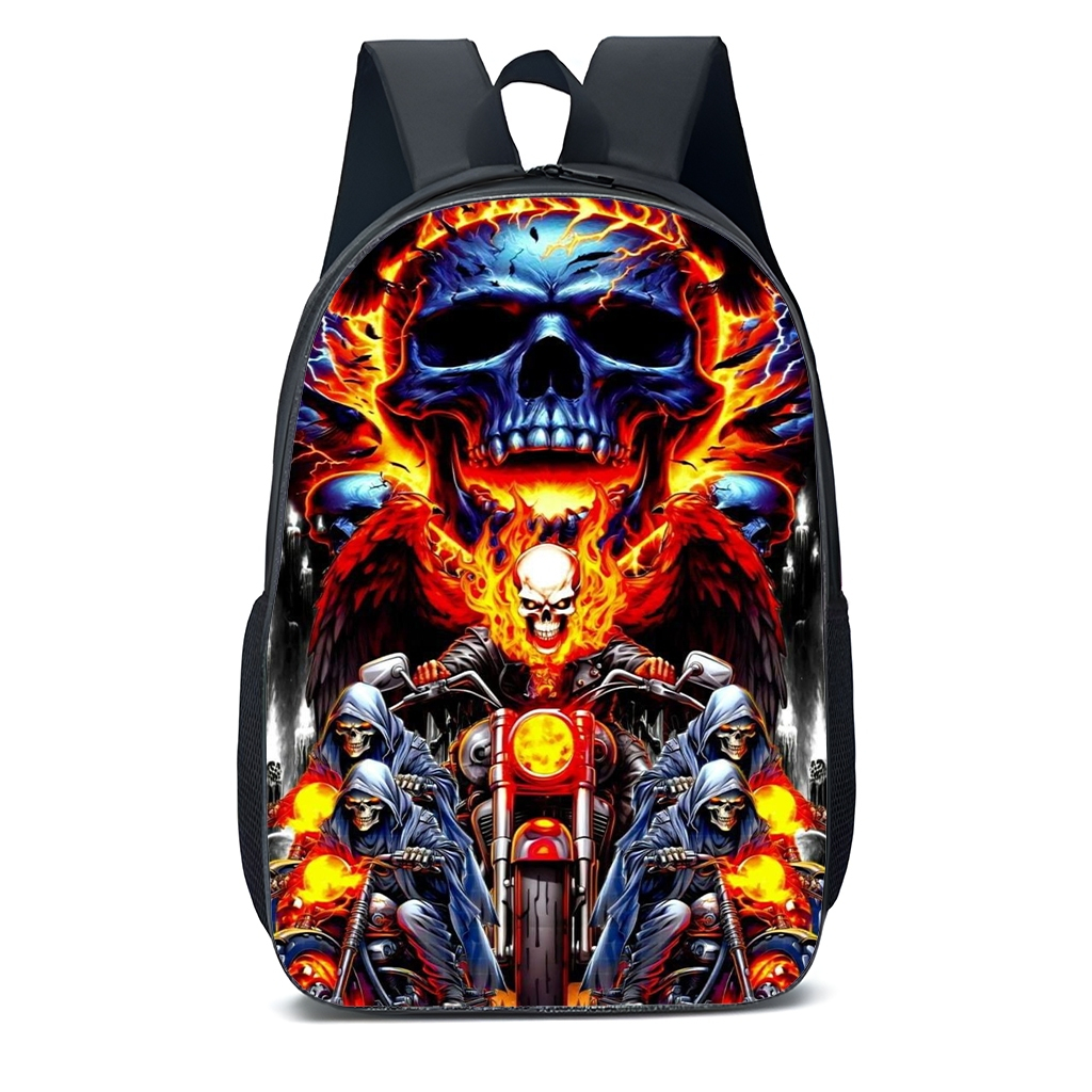 Mochila Escolar Infantil Juvenil Motoqueiro fantasma caveira fogo promoção volta as aulas