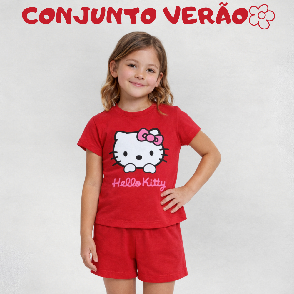 Kit com 02 Peças Conjunto Infantil Estampado Verão Minnie Hello Kit 100% Algodão Premium Confortável Volta as Aulas