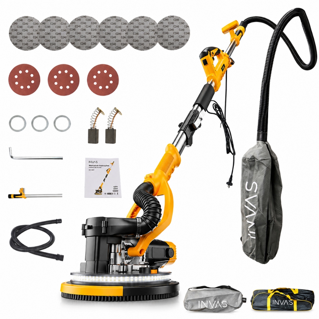 Lixadeira Parede Teto Pisos Drywall Elétrica Telescópica 1200W 7 Velocidades Sem Poeira Com Luz e Saco Coletor 9 Lixas