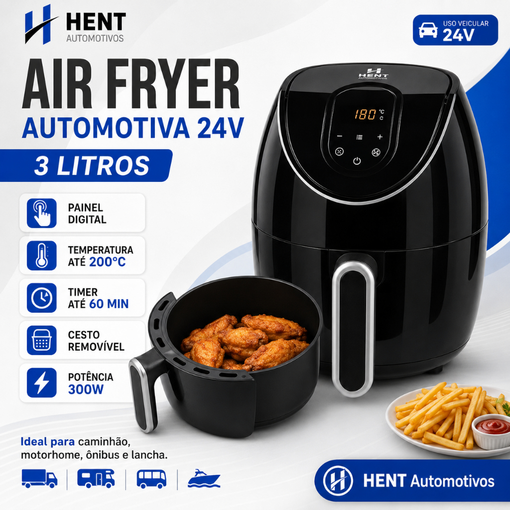 Air Fryer Automotiva Portátil 24V 3L 300W Para Caminhão Motorhome Ônibus Van Lancha