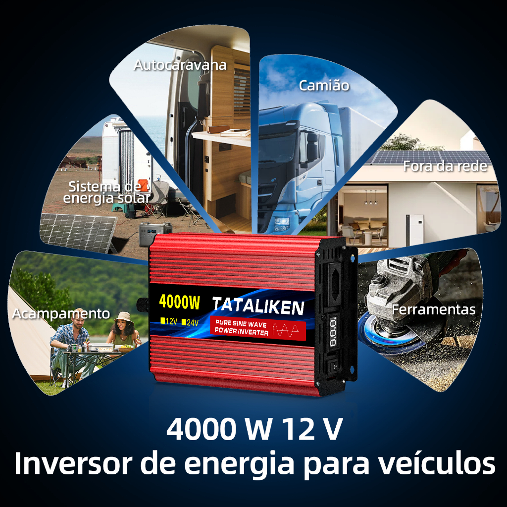 Inversor Onda Senoidal Pura 4000W Pico 12V/24V p/ 110V Tomada BR Silencioso Carro Motorhome Barco Solar Camping