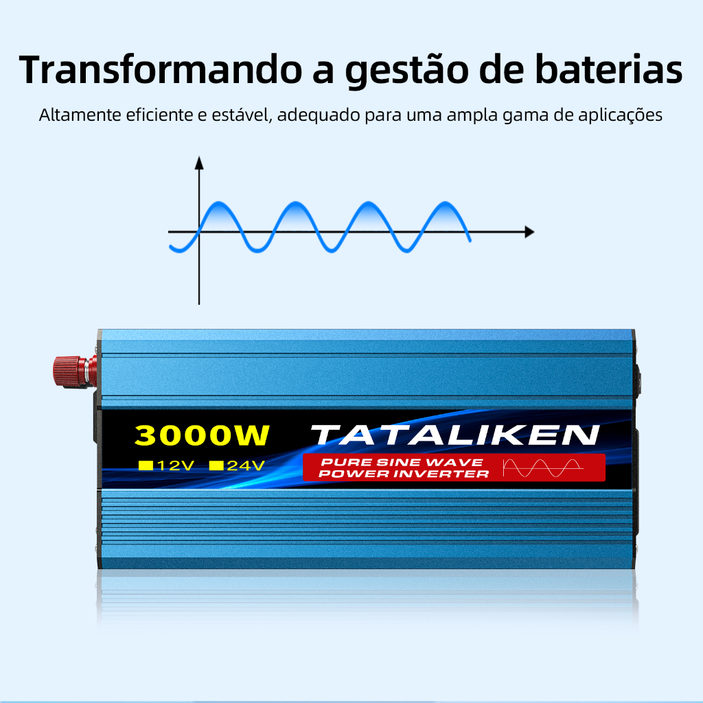 Inversor Onda Senoidal Pura 1000/3000W Pico 12/24V p/ 110/220V Tomada BR Silencioso Carro Motorhome Barco Solar Camping