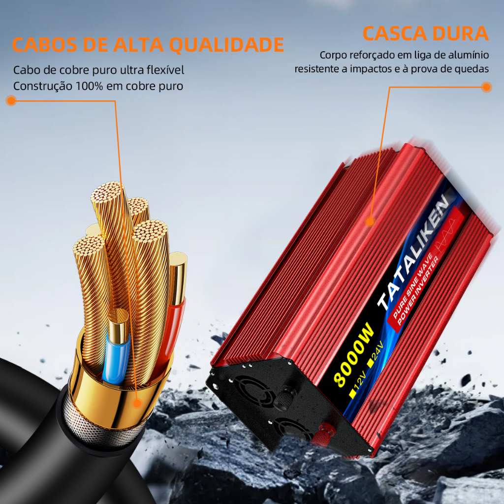 Inversor Onda Senoidal Pura 8000W Pico 12V/24V p/ 220V Tomada BR Silencioso Carro Motorhome Barco Solar Camping