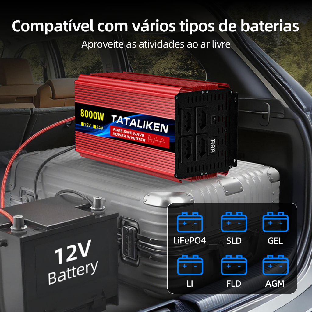 Inversor Onda Senoidal Pura 8000W Pico 12V/24V p/ 110V Tomada BR Silencioso Carro Motorhome Barco Solar Camping