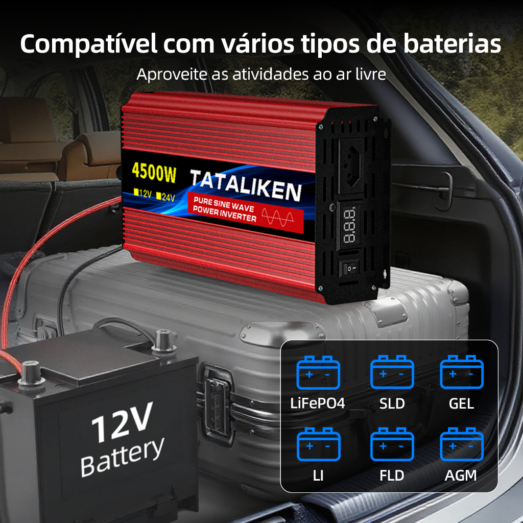 Inversor Onda Senoidal Pura 4500W Pico 12V/24V p/ 110V Tomada BR Silencioso Carro Motorhome Barco Solar Camping