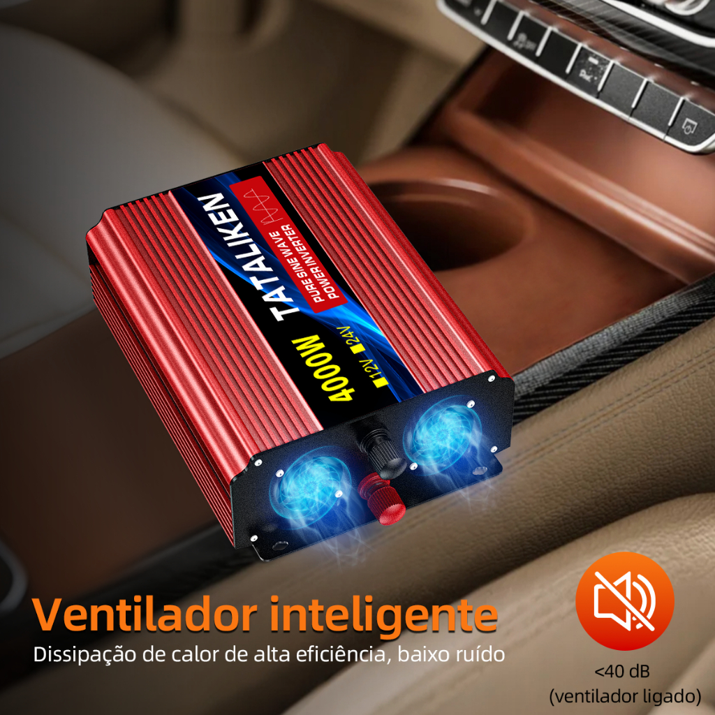 Inversor Onda Senoidal Pura 4000W Pico 12V/24V p/ 220V Tomada BR Silencioso Carro Motorhome Barco Solar Camping