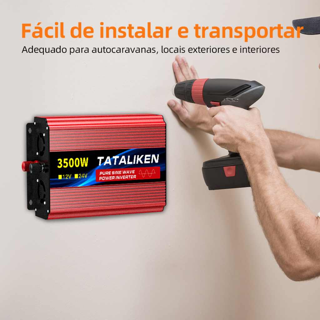 Inversor Onda Senoidal Pura 3500W Pico 12V/24V p/ 220V Tomada BR Silencioso Carro Motorhome Barco Solar Camping