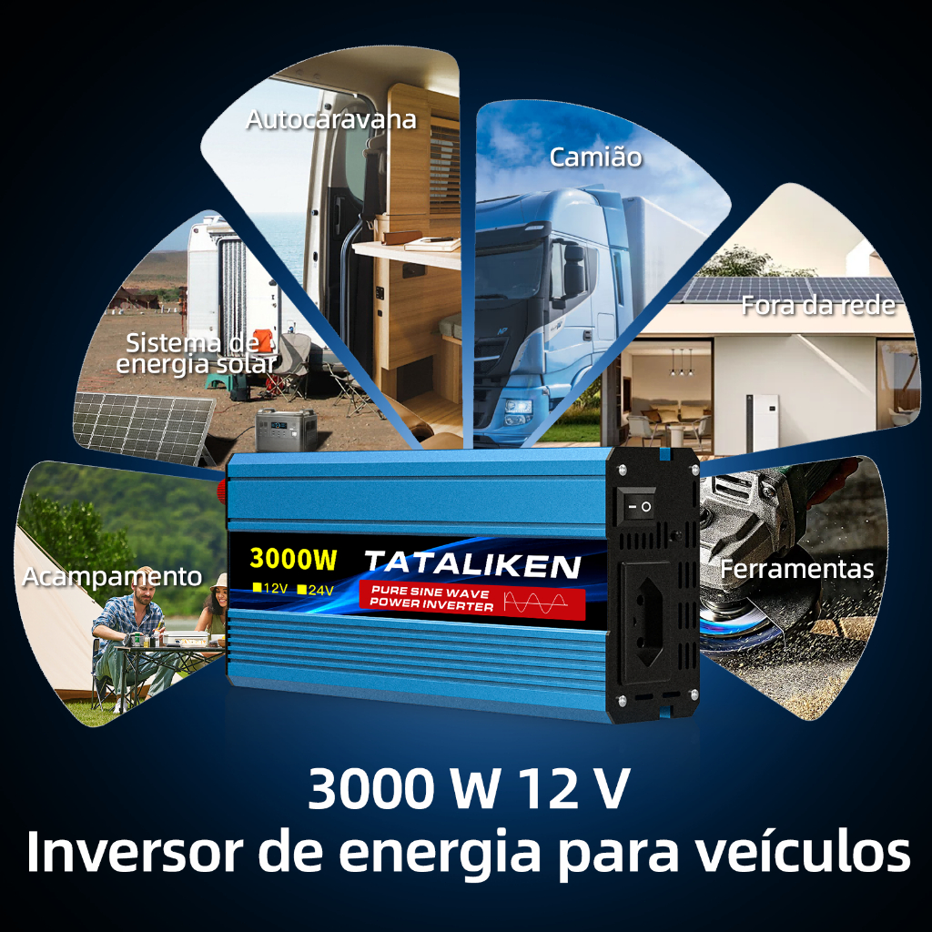 Inversor de Onda Senoidal Pura 12V/24V 220V 3000W Painel Solar para Carro Motorhome Geladeira Ar Condicionado Soldagem