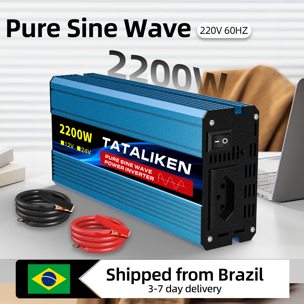 Inversor Onda Senoidal Pura 2200W Pico 12V/24V p/ 220V Tomada BR Silencioso Carro Motorhome Barco Solar Camping