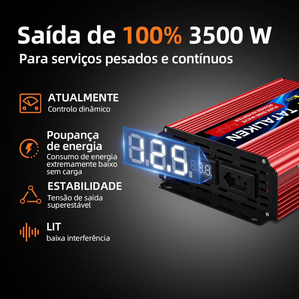 Inversor Onda Senoidal Pura 3500W Pico 12V/24V p/ 110V Tomada BR Silencioso Carro Motorhome Barco Solar Camping