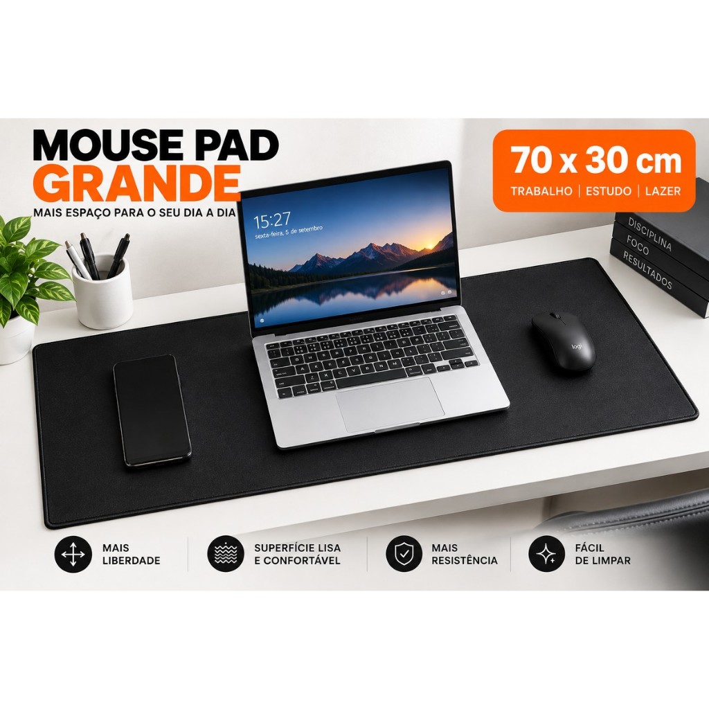 Mouse Pad Grande 70x30cm Preto Sintético para Notebook PC Home Office