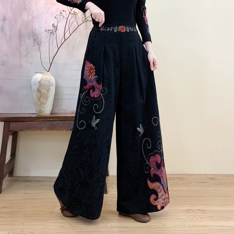 98cm long autumn and winter cotton-linen ethnic style women's pants with elastic waist, loose fit, embroidered, slimming