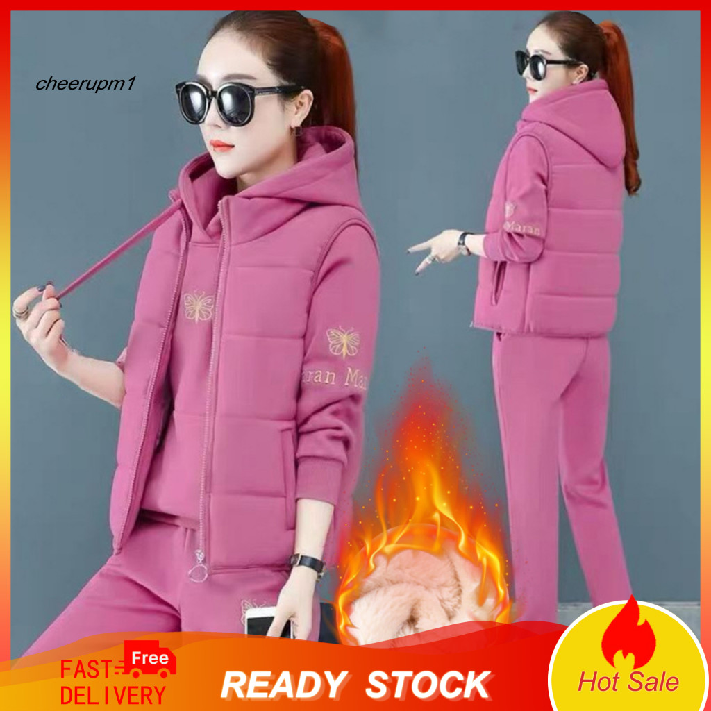 Women Three-piece Suit Hoodie Trousers Coat Set 3 Pcs Winter Tracksuit Embroidered Zip-up Padded Elastic Waist Pants Lon