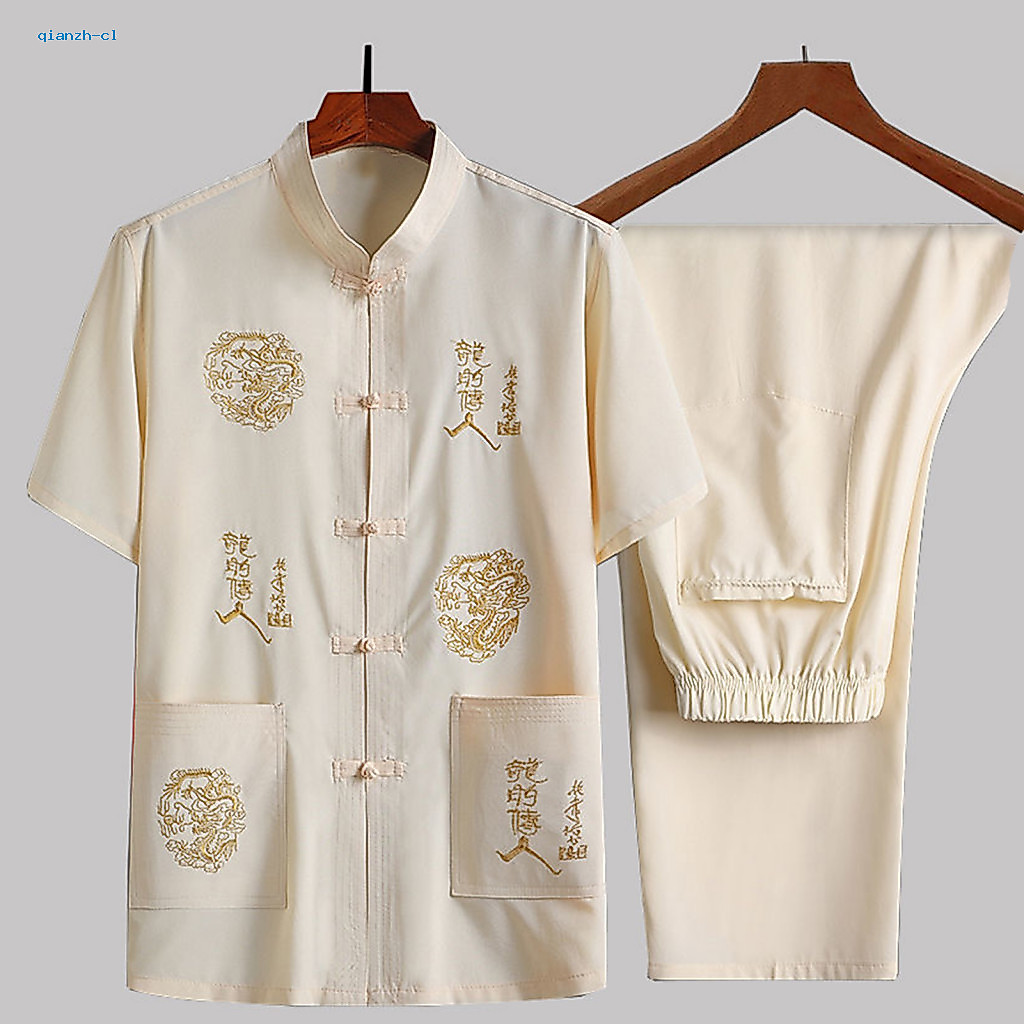 Men Chinese-style Suit 2 Pcs Men’s Tang Set – Retro Embroidered Short Sleeve Shirt Elastic Waist Wide Leg Pants Trad