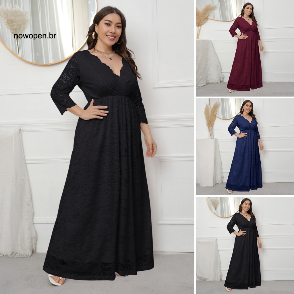 Women Lace Dress Pine Splicing Women’s V-neck Maxi 3/4 Sleeve High Waist Embroidered Floral Long Plus Size Wedding Vac