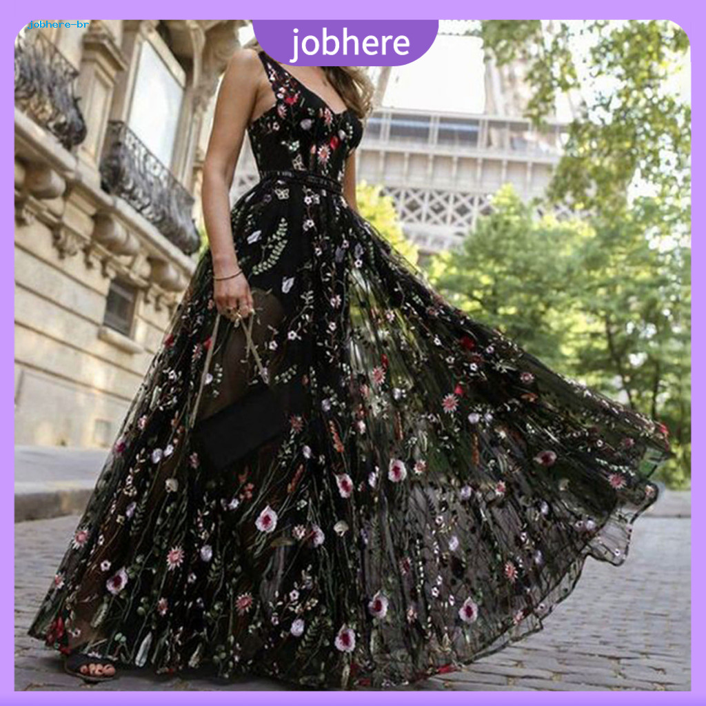 Women Formal Evening Dress Long V-neck Embroidered Women’s V Neck Floral Embroidery Backless A-line High Waist Double-