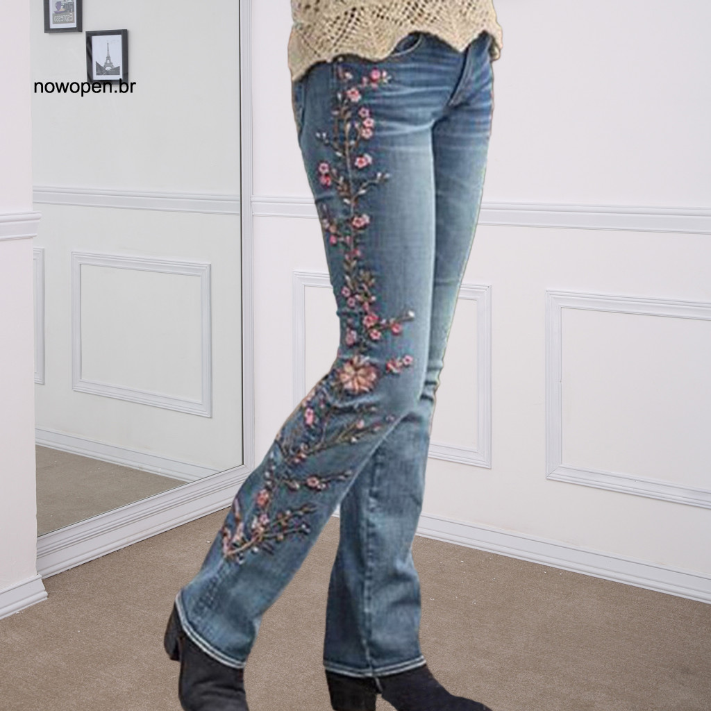 Denim Trousers for Women High Stretch Jeans Women’s Waist Floral Embroidered Flared Slim Fit Bell Bottom Pants with Po
