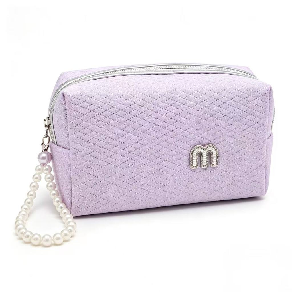 Conjunto Necessaire Elegante com Alça de Pérolas, Bolsa de Maquiagem de Grande Capacidade para Uso Diário
