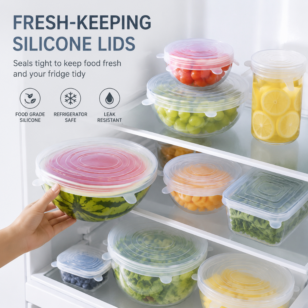 6 Peças Tampas Panela Silicone Universal Reutilizável Elástica, Tampas Silicone Cozinha/Geladeira