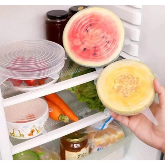 Kit 6 Tampas Silicone Reutilizável Verduras Proteção Geladeira Vedação Panela Pote Copo Jarra Frutas