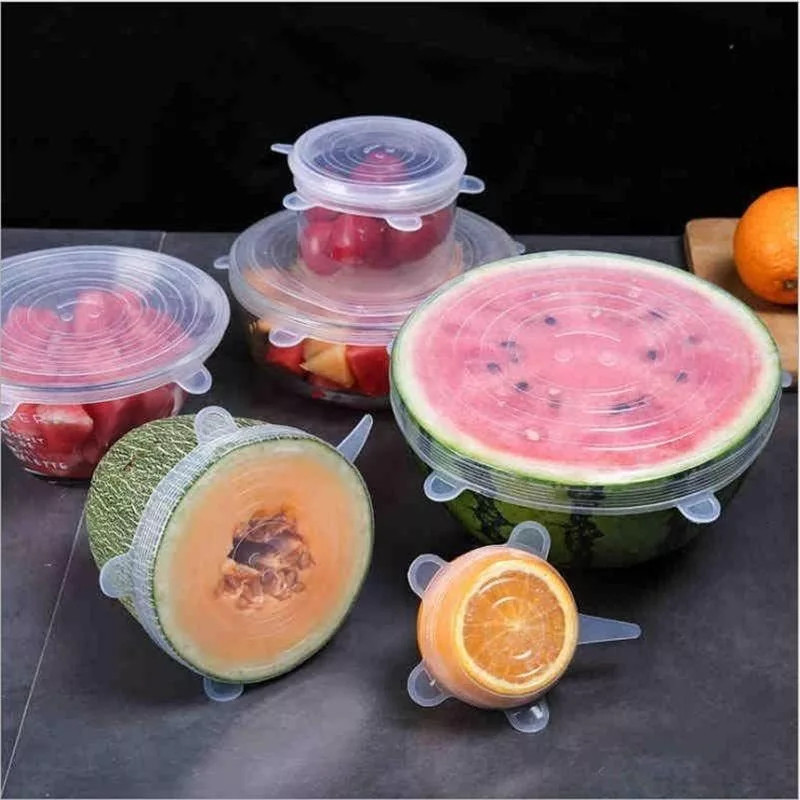 Kit 6 Tampas Silicone Copo Jarra Panelas Potes Reutilizável Fruta Verdura Alimento Protege Geladeira