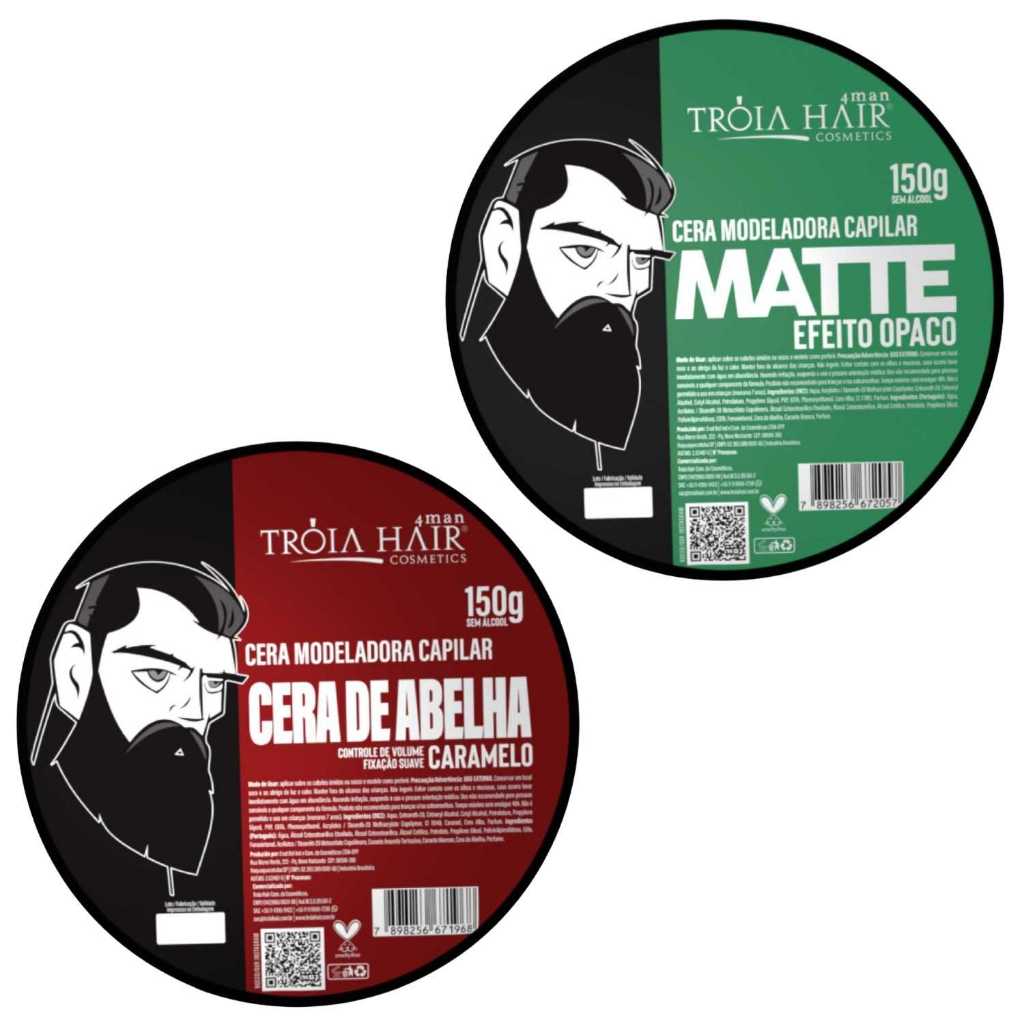 2 Cera Modeladora Caramelo/Matte 150g Fixação Suave Troia Hair