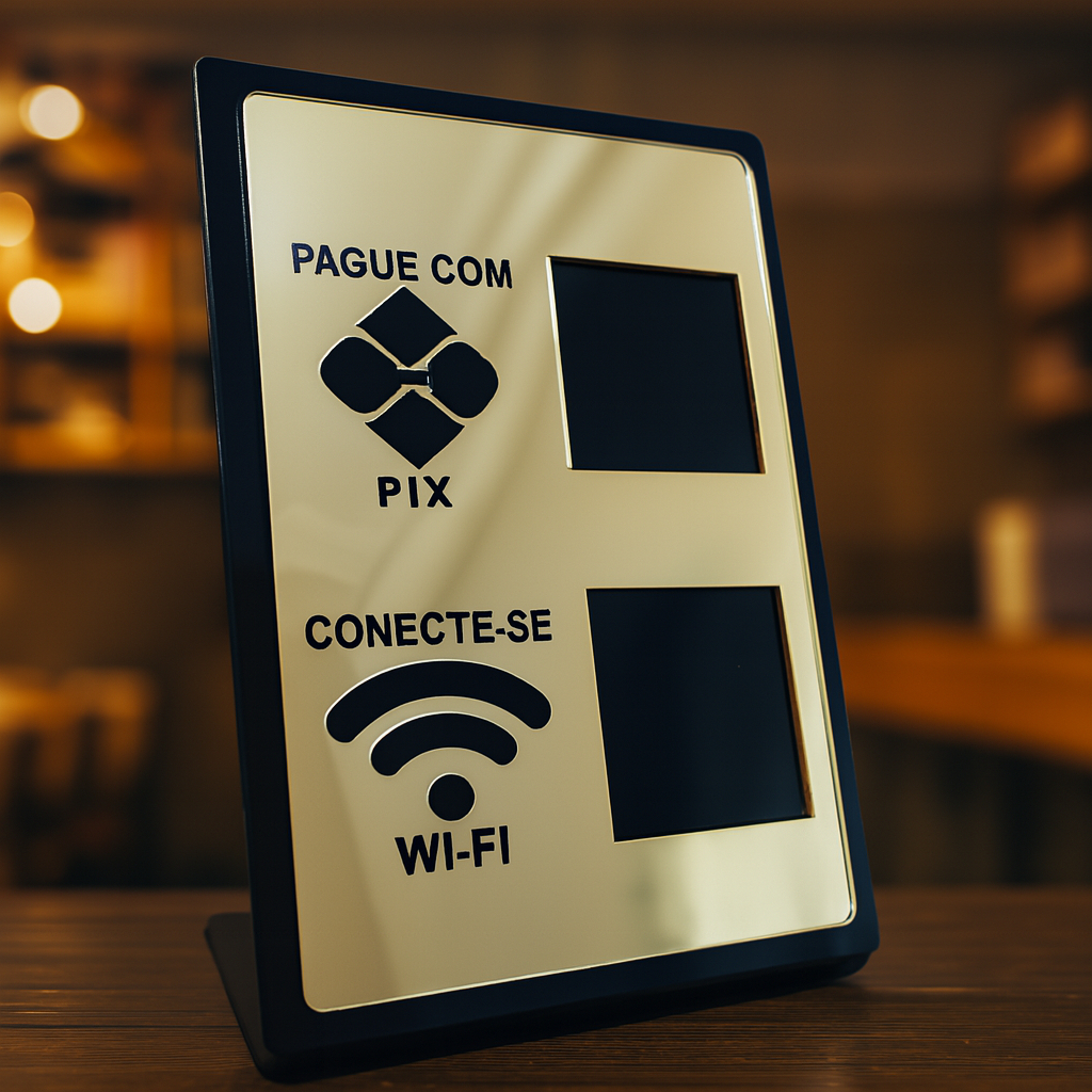 Display de Mesa em Acrílico com QRCode Pix e Senha Wi-Fi–Ideal para Balcões, Lojas, Escritórios e Recepções–Envio RÁPIDO