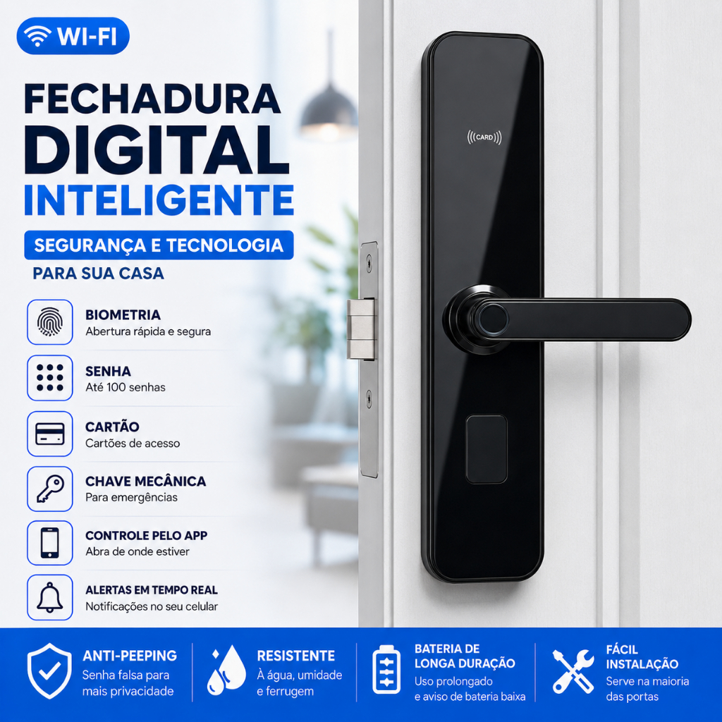 Fechadura Digital Inteligente Wi-Fi Biometria Senha Cartão App Smart Lock