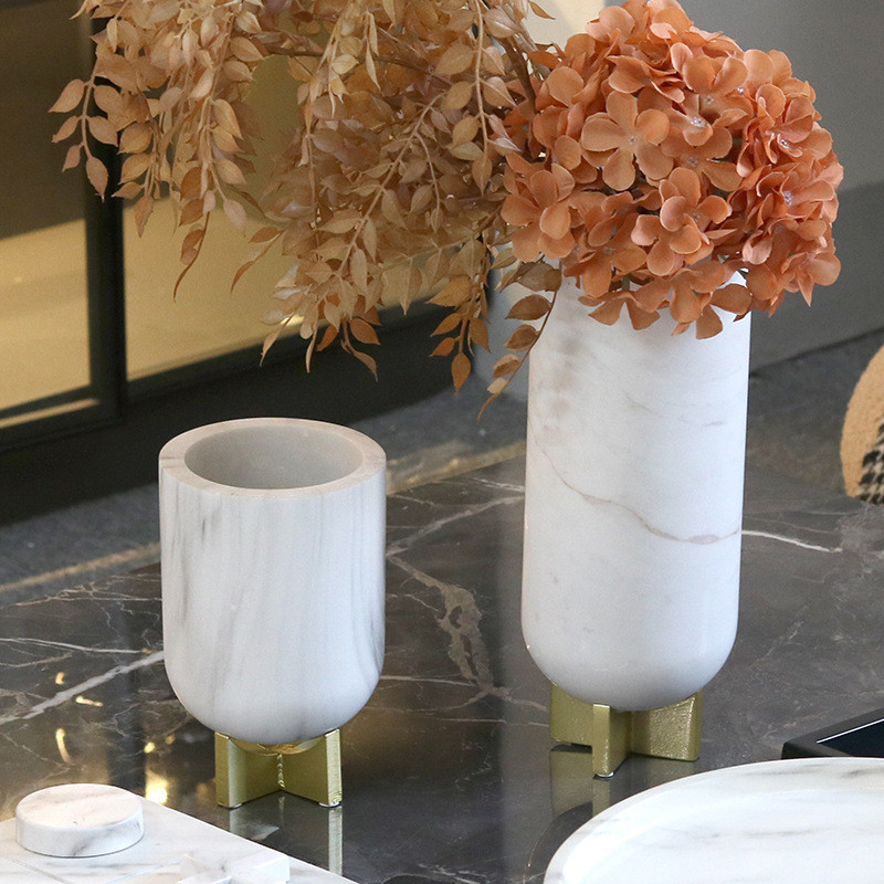 Light luxury cylindrical faux marble vase ornament for living room, coffee table, TV cabinet, large-diameter flower vess