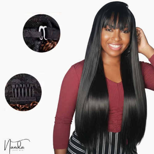 Peruca Lace Wig Longa Lisa Com Franja Preta Fibra 70cm