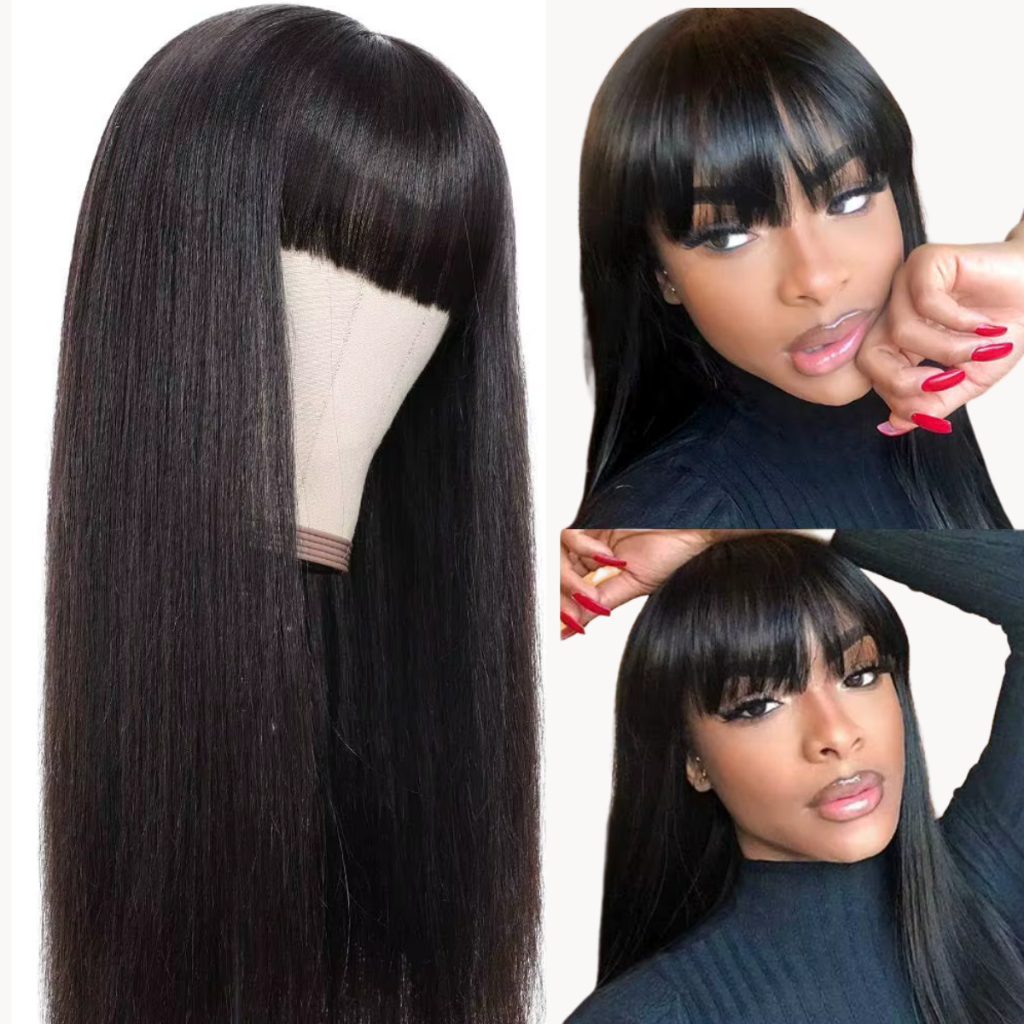 Peruca Preta Cabelo Loiro Lace Wig Longa Lisa Com Franja Fibra Futura