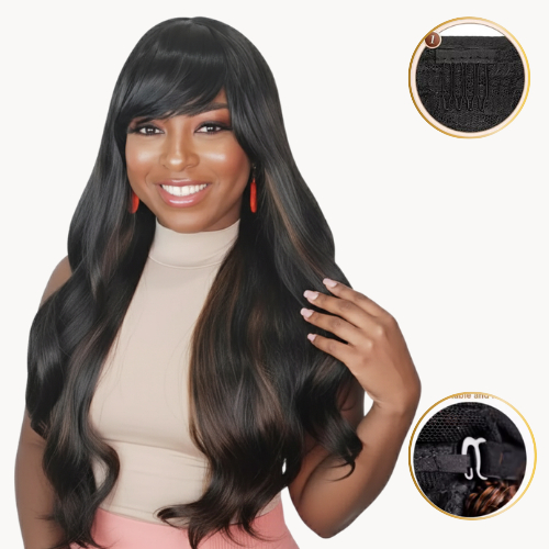 PERUCA WIG LONGA ONDULADA COM FRANJA MORENA ILUMINADA