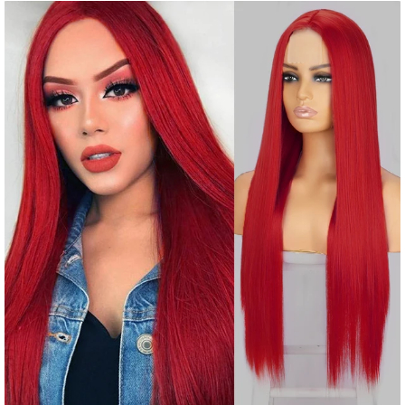 Peruca lace Wig Longa Lisa Sem Franja Vermelha 70cm