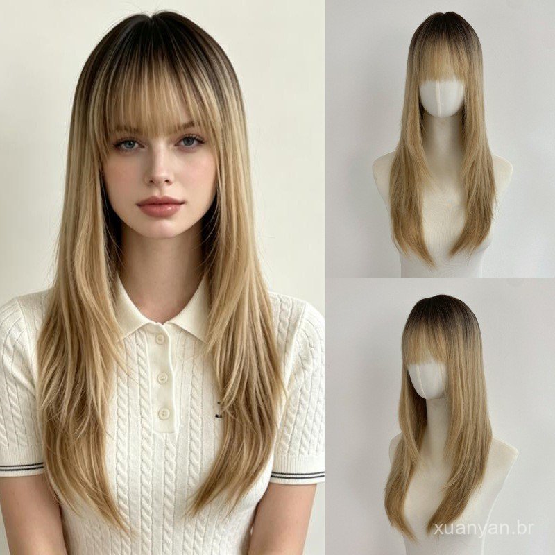 Tiara com franja, estilo europeu e americano, peruca completa, longa e fosca, elegante, realista, resistente ao calor, t