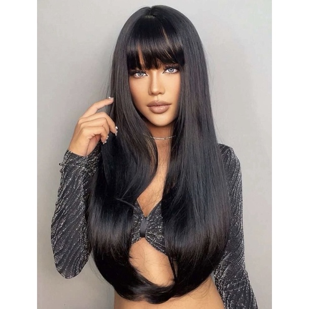 Peruca lace wig preta com franja longa 60cm