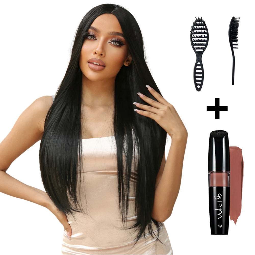 Peruca Wig Lace Longa Lisa Sem Franja castanho escuro 70cm
