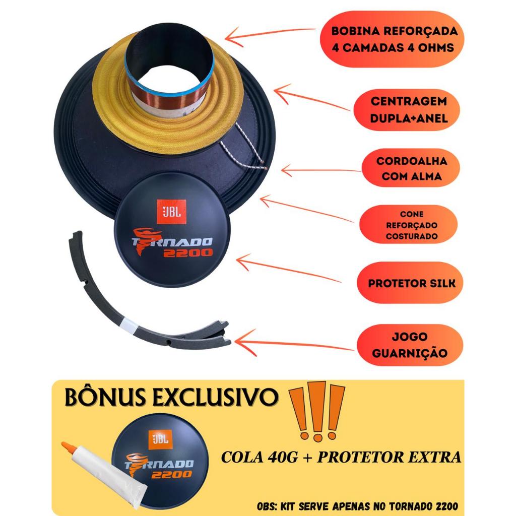 Kit Reparo Tornado 18 2200  logo laranja 4 Ohms + Cola E Calota Extra