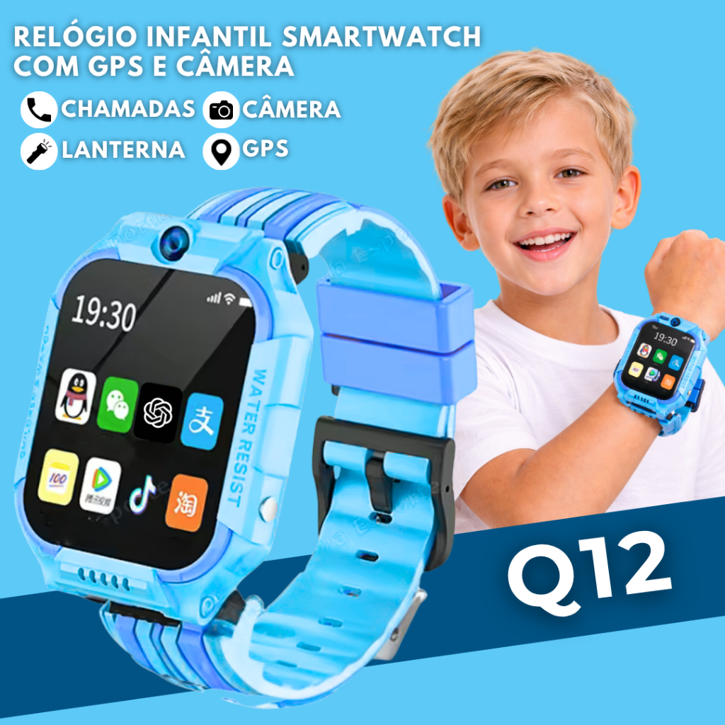 Q12 Relógio Inteligente Infantil 5G – 2G Smartwatch, Prova d’Água, GPS, SOS, Chat de Voz e Chip