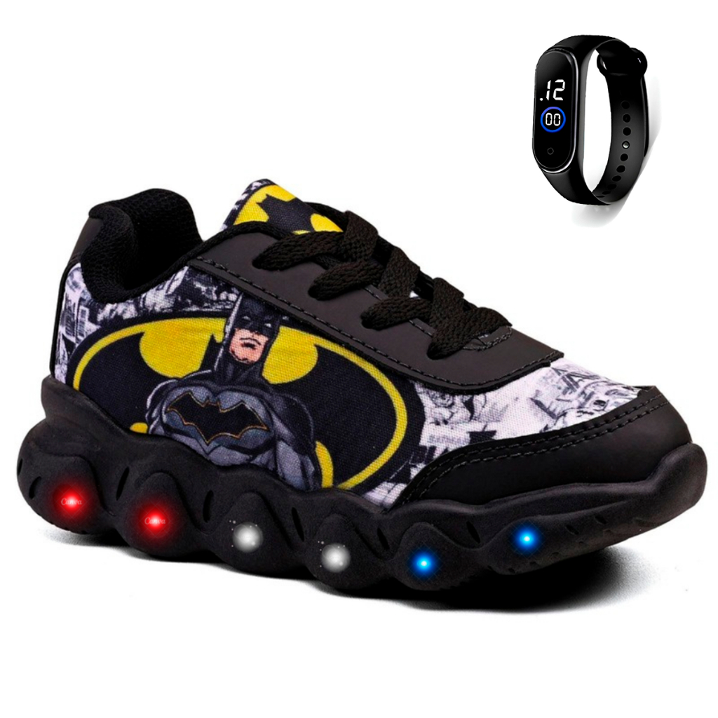 Tênis Infantil Menino Batman Casual Com Led + Relógio Digital