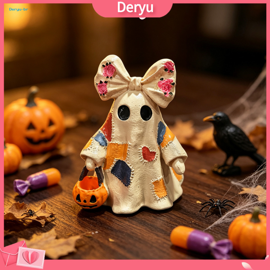 Halloween Ghost Decoration Glowing Statue Light-up Patchwork Figurine with Pumpkin Lantern Decorative Lamp for Holiday P