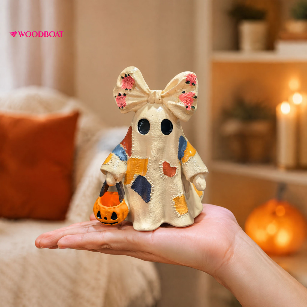 Halloween Ghost Decoration Glowing Ornament Light-up Patchwork Figurine with Pumpkin Lantern Decorative Bow Lamp for Hol