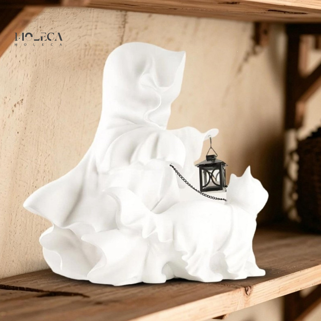Decorative Figurine for Entryway Halloween Ghost Cat Ornament with Lantern Walking Resin Decor Spooky Elegant for Firepl