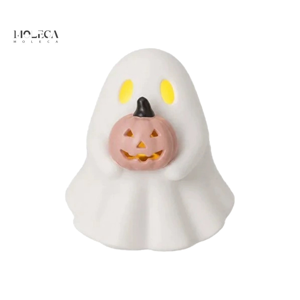 Cute Halloween Decor Mini Ghost Statue Gift Decoration Light-up Spooky Figurine with Pumpkin Lantern for Table Tiered Tr