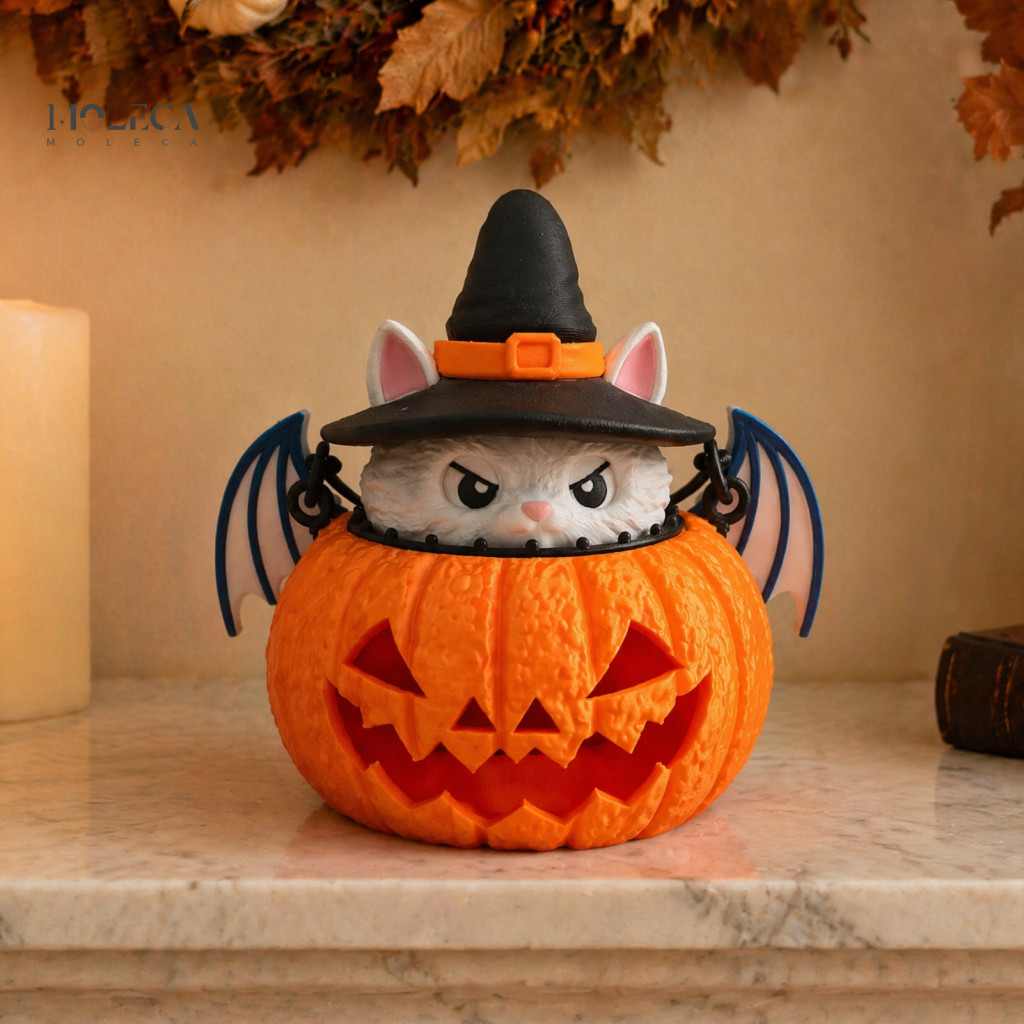 Festive Atmosphere Ornament Halloween Pumpkin Lantern Cat 3d Printed Glowing Figurine with Witch Hat Spooky for Southeas