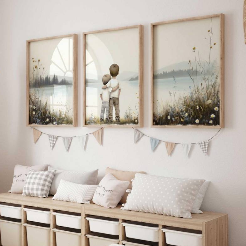 Kit 3 Quadros Irmãos Meninos Amigos Abraçados Costas Aventura Rio Lago Decoração Quarto