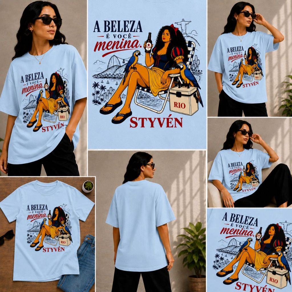 Camiseta Feminina Oversized A Beleza É Você Menina Rio de Janeiro Estampada 100% Algodão Moda Casual Fashion