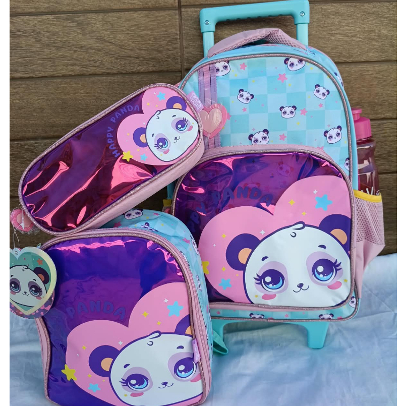 Kit Escolar Infantil Menina Panda Mochila de Rodinhas 16
