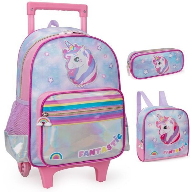 Kit Escolar Menina Unicórnio Holográfico Mochila de Rodinhas Lancheira Térmica e Estojo 3 Peças Nova Rio