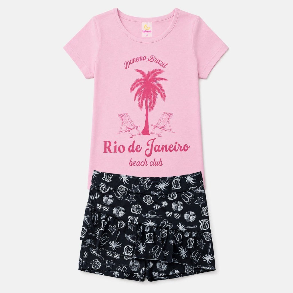 Conjunto Infantil Menina Verão Algodão La Luna Rio de Janeiro Rosa 2 ao 12