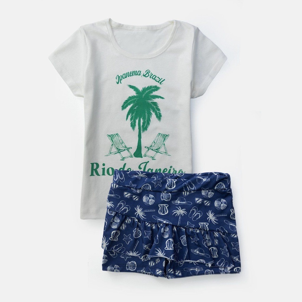 Conjunto Infantil Menina Verão Algodão Rio de Janeiro Creme Verão La Luna Tamanho 2 ao 12